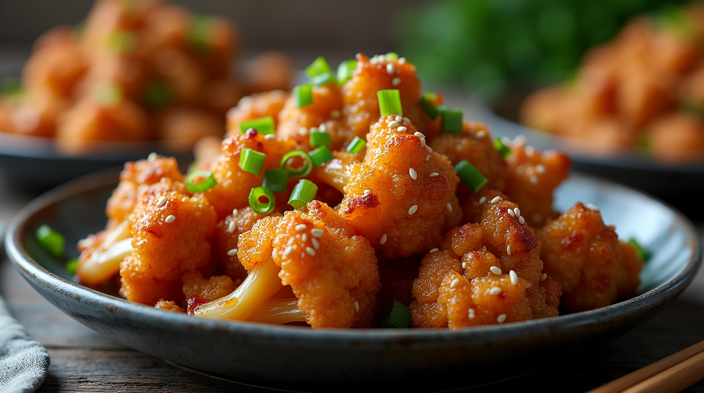 A plate of crispy, golden-brown sticky sesame cauliflower coated in a glossy, sweet, and savory sesame sauce, garnished with sesame seeds and chopped green onions. Served with steamed rice and a side of broccoli.