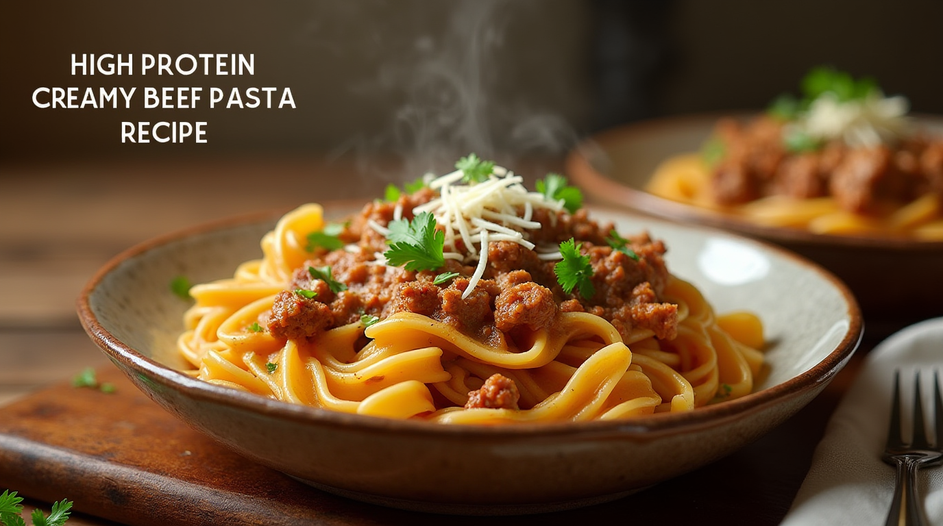 A bowl of High Protein Creamy Beef Pasta, featuring tender ground beef, a rich and creamy sauce, and perfectly cooked pasta, garnished with fresh parsley and grated cheese.