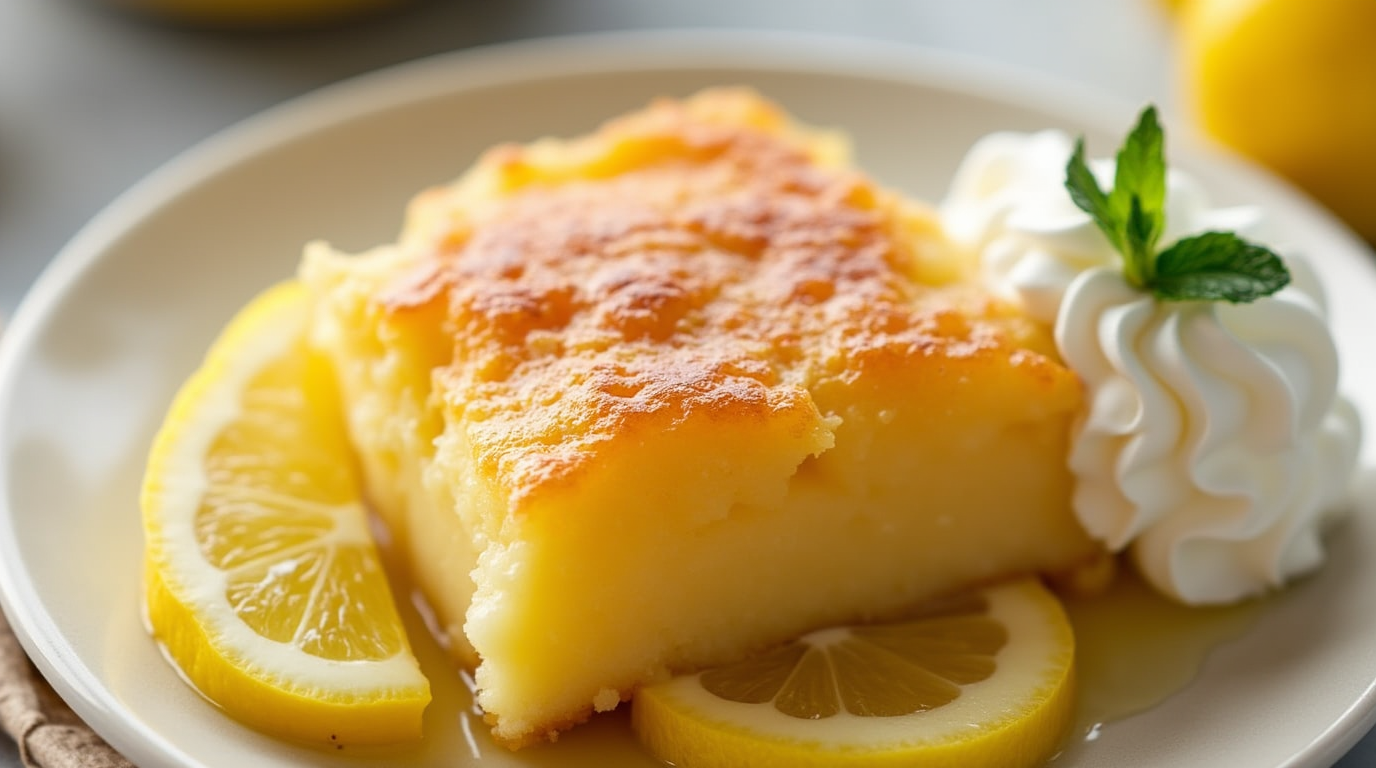 A warm Magic Lemon Cobbler with a golden, buttery crust and a gooey, citrusy lemon filling, served in a white baking dish with a scoop of vanilla ice cream on the side.