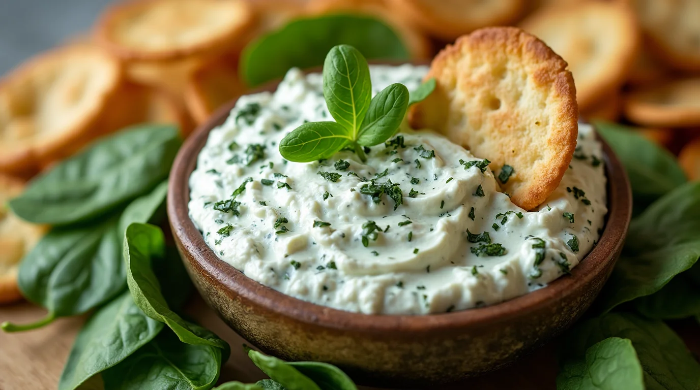 A creamy spinach dip made with Greek yogurt, served in a rustic bowl and garnished with fresh herbs, alongside crispy crackers and vegetable sticks.