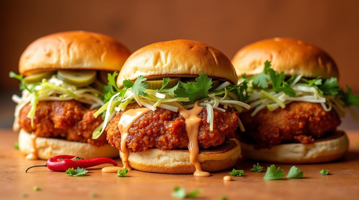 Juicy Bang Bang Chicken Sliders with crispy fried chicken, drizzled with a creamy, spicy bang bang sauce, topped with fresh lettuce and pickles, served on soft King’s Hawaiian slider buns.