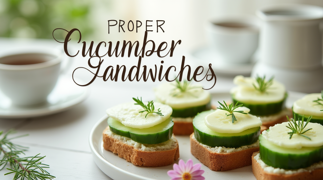 Elegant Proper Cucumber Sandwiches made with thinly sliced cucumbers, butter, and cream cheese between soft wheat bread, neatly cut into tea-sized finger sandwiches, served on a vintage plate with a cup of tea.