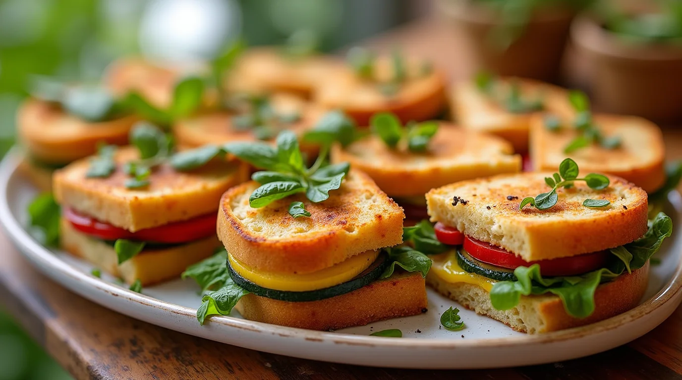 Assorted Mini Panini Colorati with vibrant fillings like roasted vegetables, cheese, and deli meats, arranged on a plate.