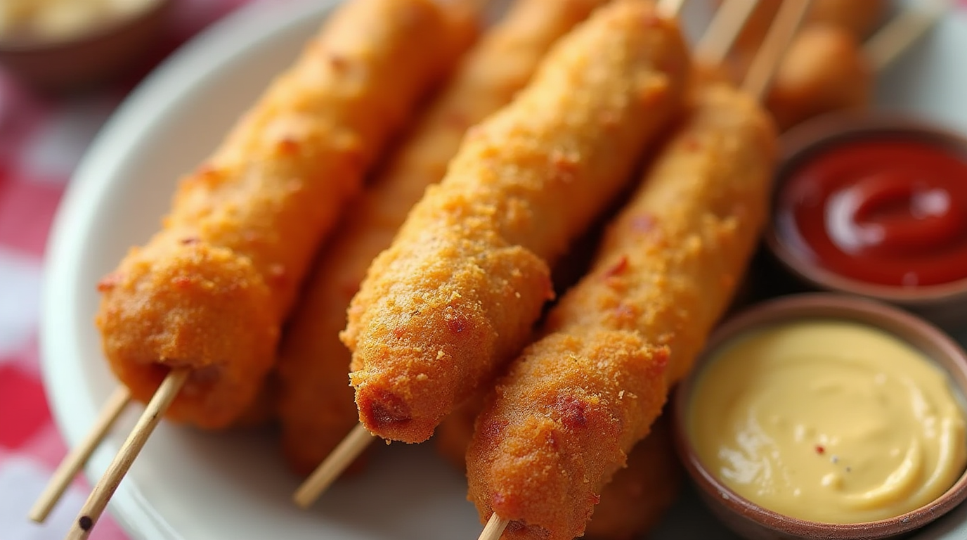 Golden, crispy homemade corn dogs on wooden sticks, served with a side of mustard dipping sauce.