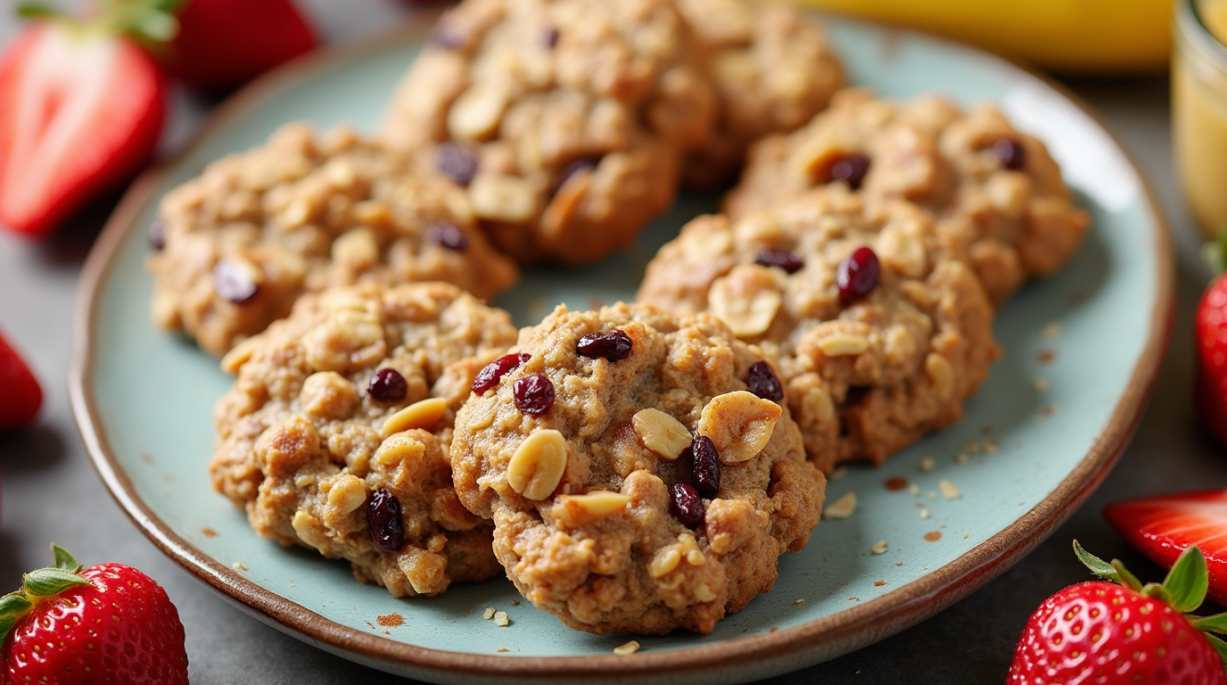 A plate of healthy breakfast cookies with oats, nuts, and dried fruit on a wooden table.