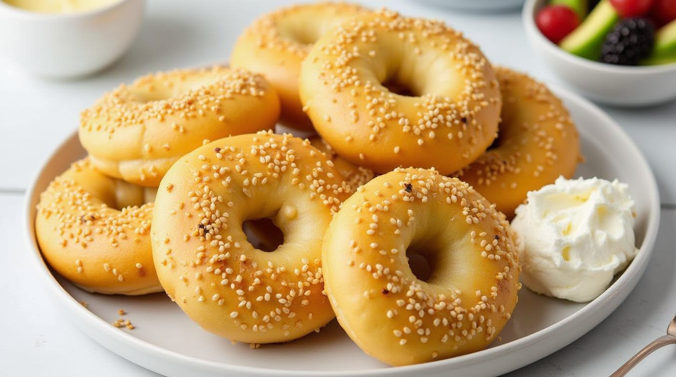Simple 3 Ingredient Protein Bagels made with cottage cheese, oats, and egg, served on a wooden cutting board.