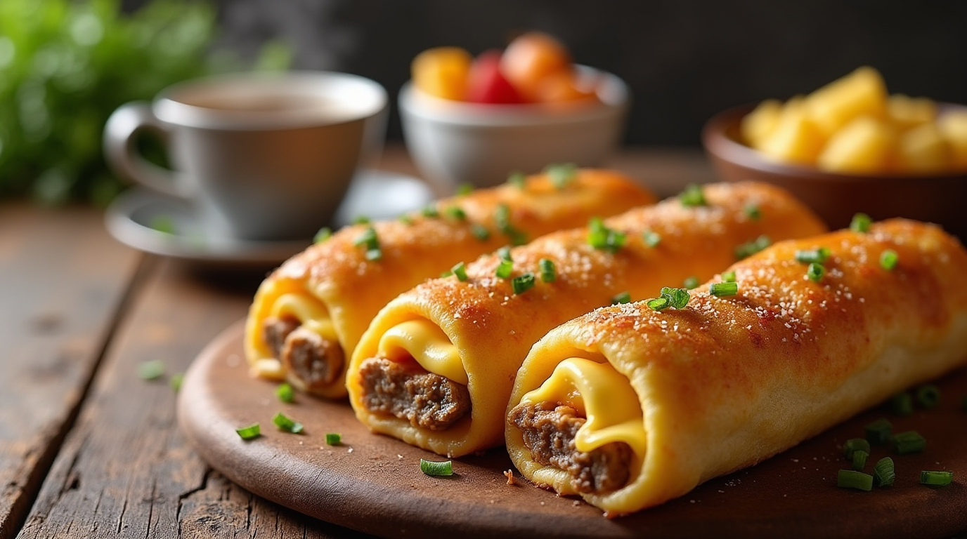 Golden-brown sausage, egg, and cheese breakfast roll-ups, wrapped in a flaky crescent dough, served on a white plate with a side of ketchup and fresh herbs.