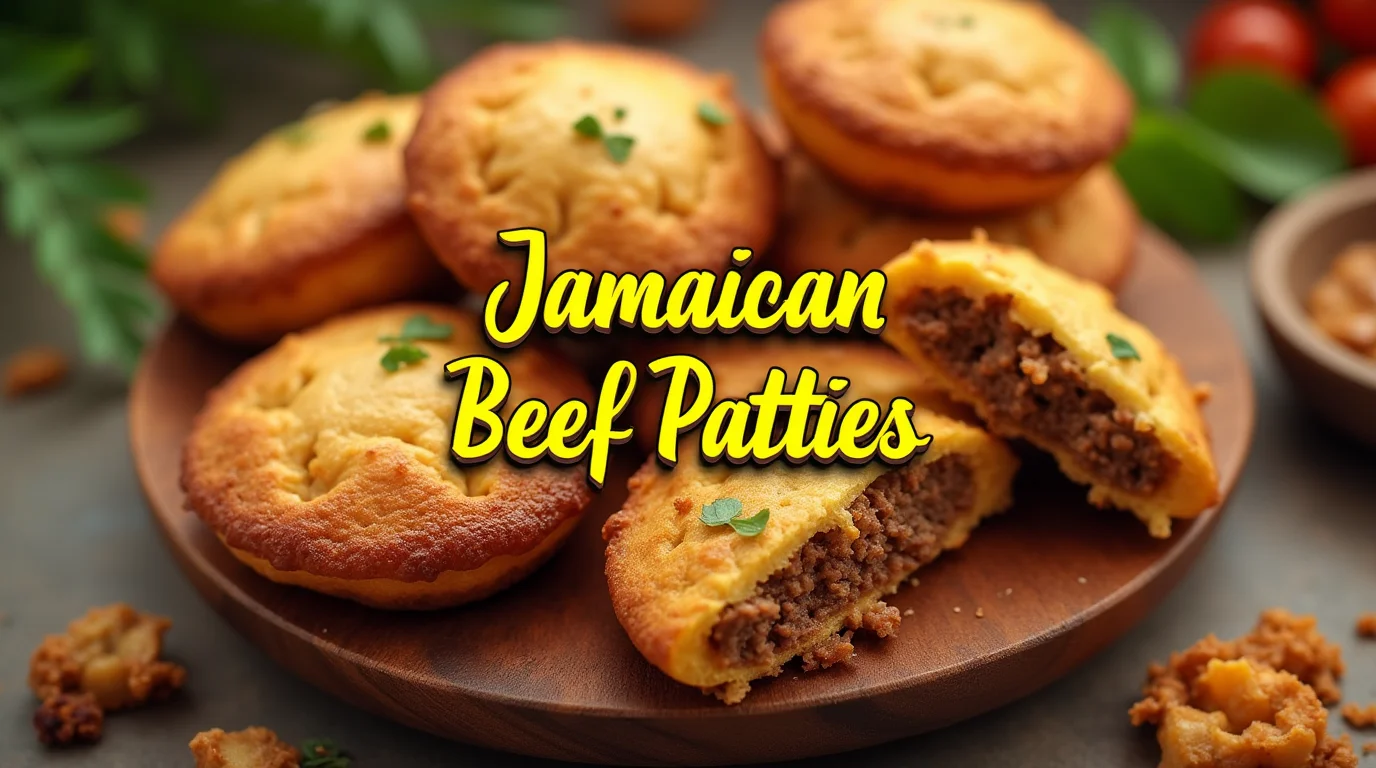 Golden, flaky Jamaican beef patties with a spiced beef filling, served on a wooden board with a side of dipping sauce.