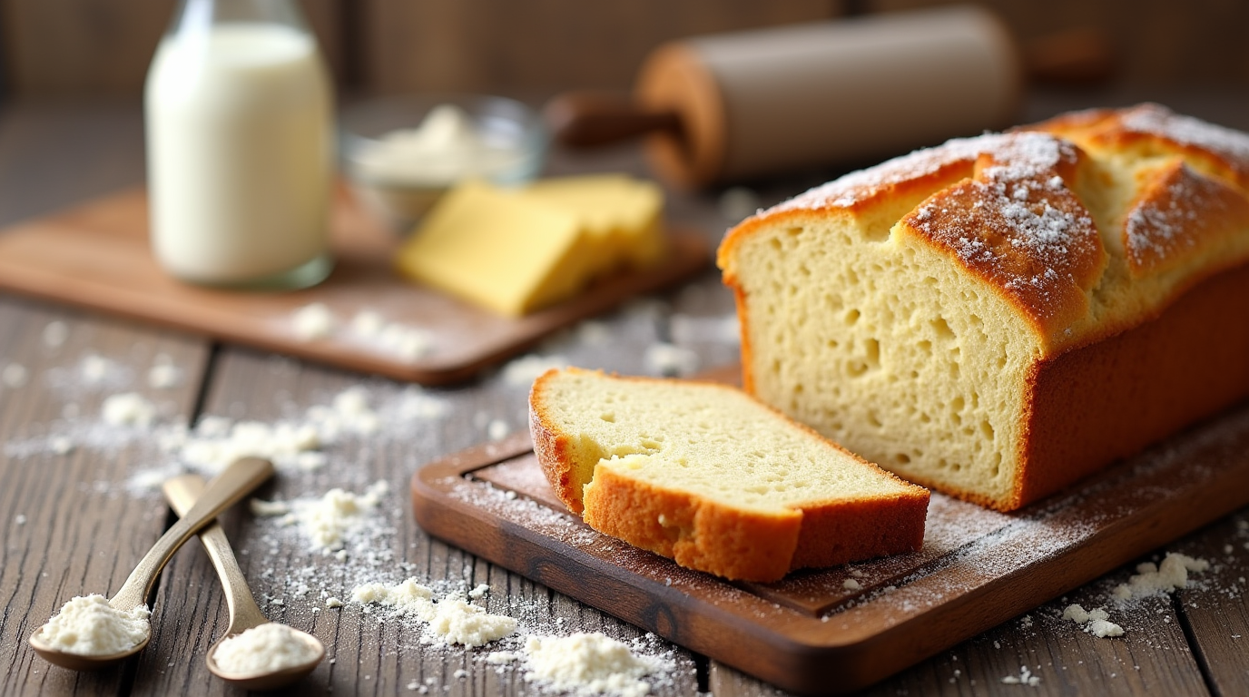 A freshly baked loaf of no yeast quick bread, sliced to reveal a soft and airy interior, surrounded by ingredients like flour, milk, butter, and baking powder on a rustic wooden kitchen counter.