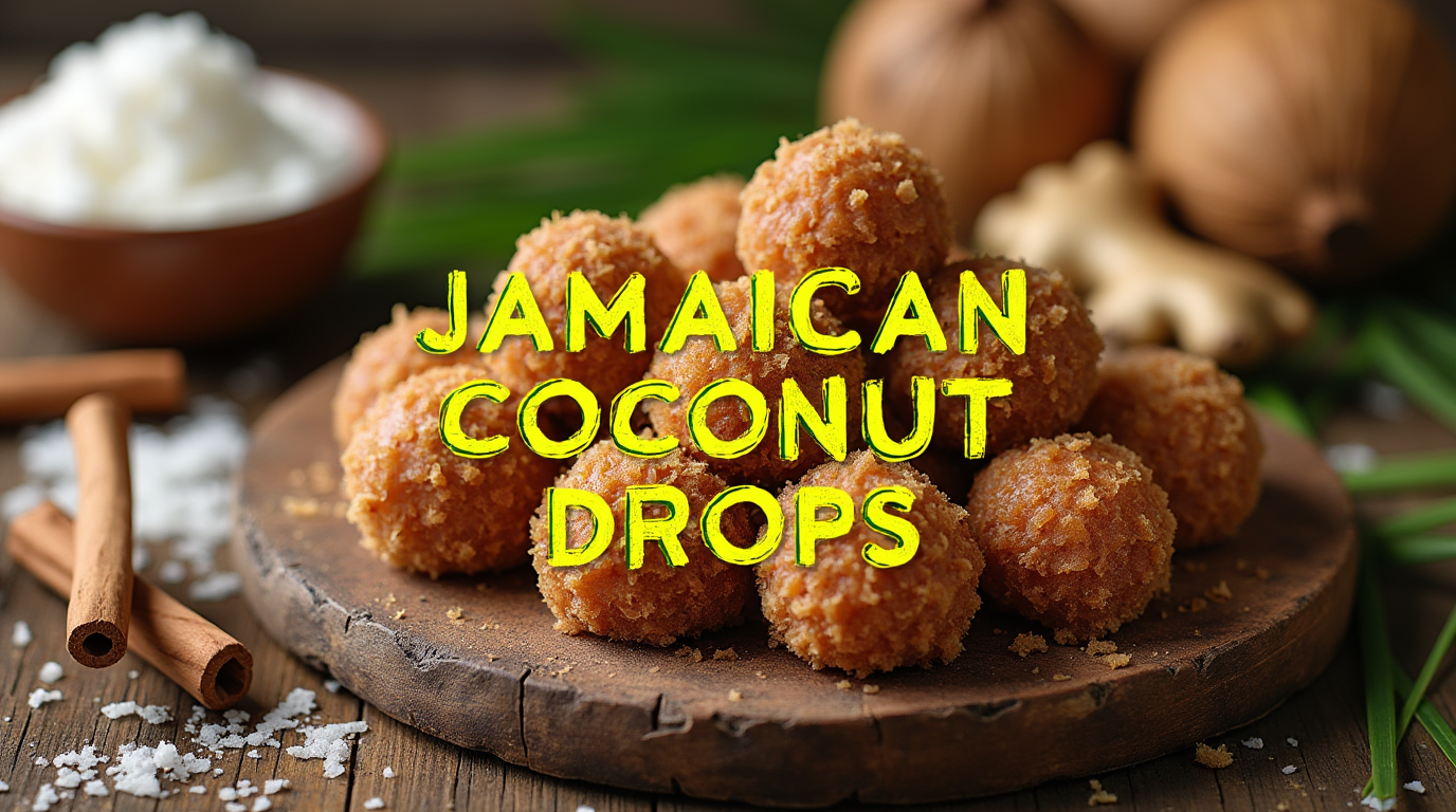 A plate of golden-brown Jamaican coconut drops, featuring chewy clusters of caramelized coconut with hints of ginger and brown sugar.