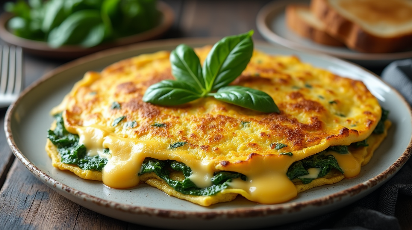 A freshly cooked cheesy spinach omelette on a white plate, garnished with fresh herbs and served with a side of toast.