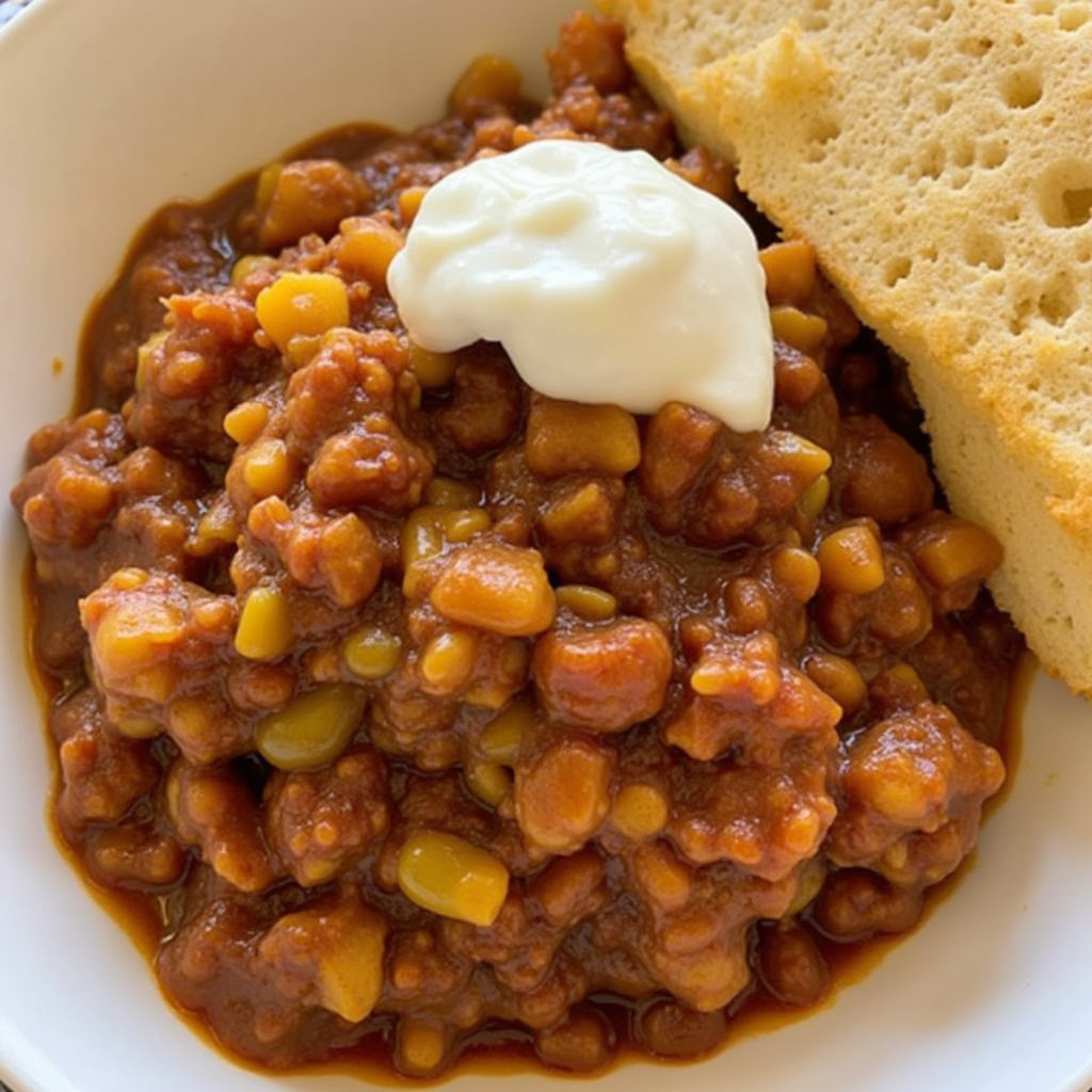 Eine Schüssel vegetarisches Chili ohne Fleisch mit Tomaten, Paprika und Mais, serviert mit Avocado und frischem Koriander.