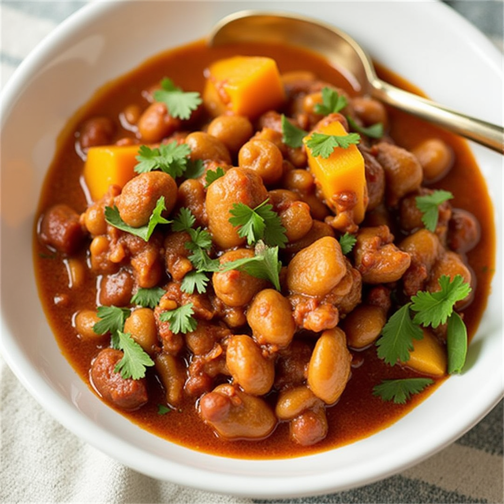 Eine Schüssel vegetarisches Chili ohne Bohnen mit Tomaten, Paprika und Mais, serviert mit Avocado und frischem Koriander.