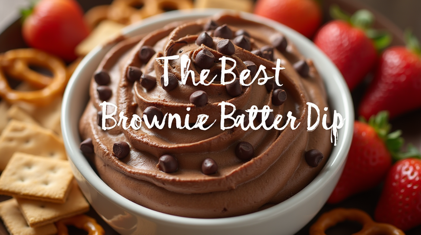 A bowl of rich and creamy brownie batter dip topped with chocolate chips, served with cookies and strawberries for dipping.