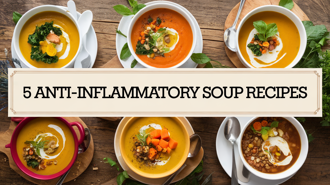 A variety of colorful, healthy soups in bowls, garnished with fresh herbs and vegetables, arranged on a rustic wooden table.