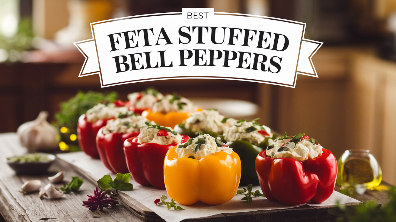 Feta stuffed bell peppers on a plate, garnished with fresh herbs.
