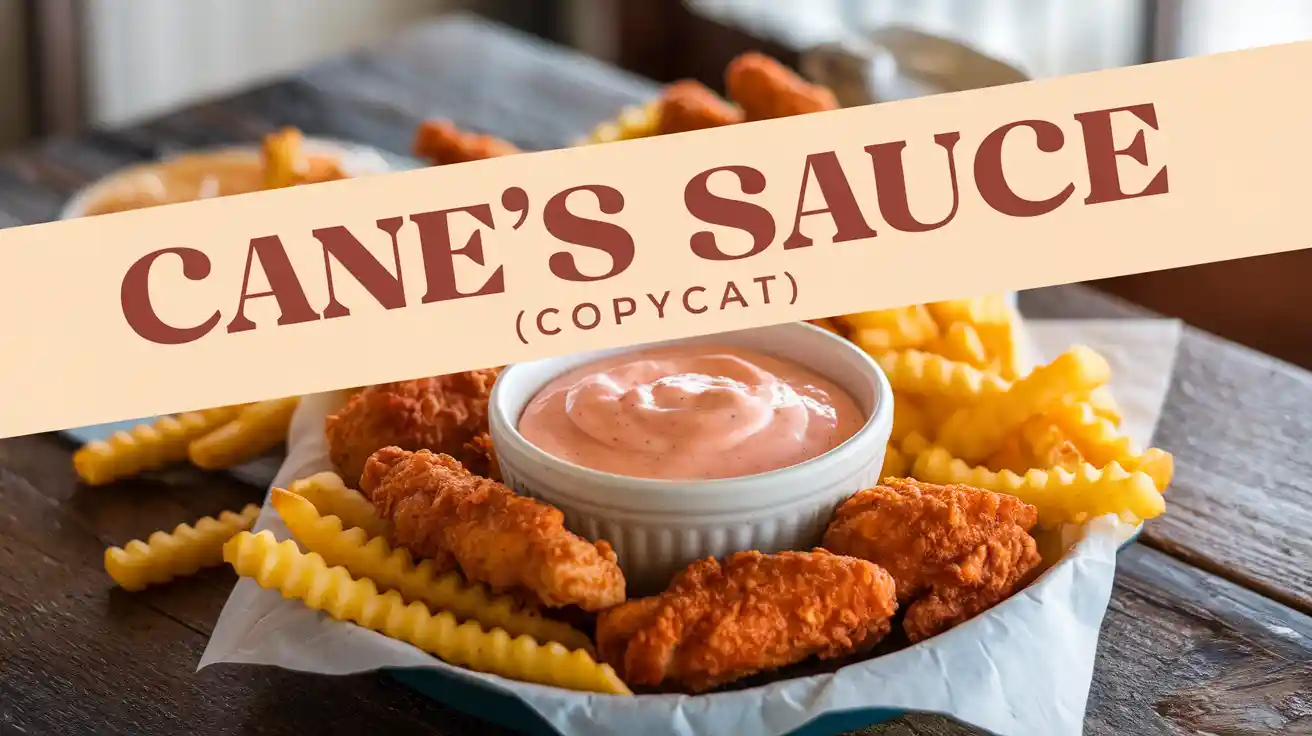 A small bowl of creamy Cane's Sauce surrounded by crispy chicken fingers and a side of crinkle-cut fries.