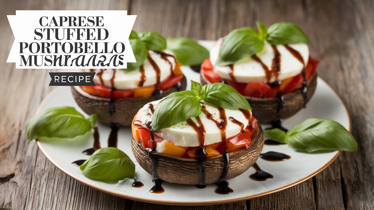 A close-up image of Caprese Stuffed Portobello Mushrooms, showcasing a delicious combination of ripe tomatoes, fresh mozzarella, and basil, stuffed inside large Portobello mushroom caps, garnished with balsamic glaze.