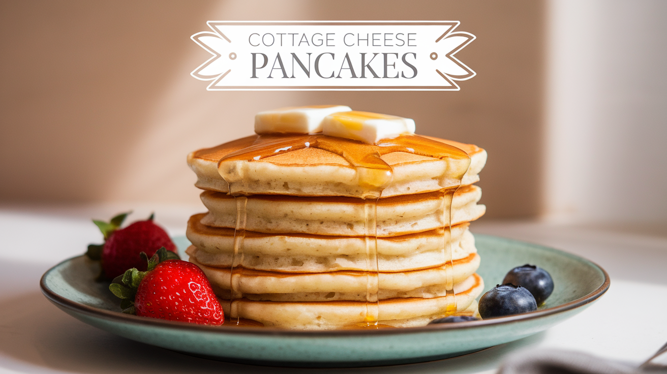 A stack of golden, fluffy cottage cheese pancakes drizzled with honey and topped with fresh berries.