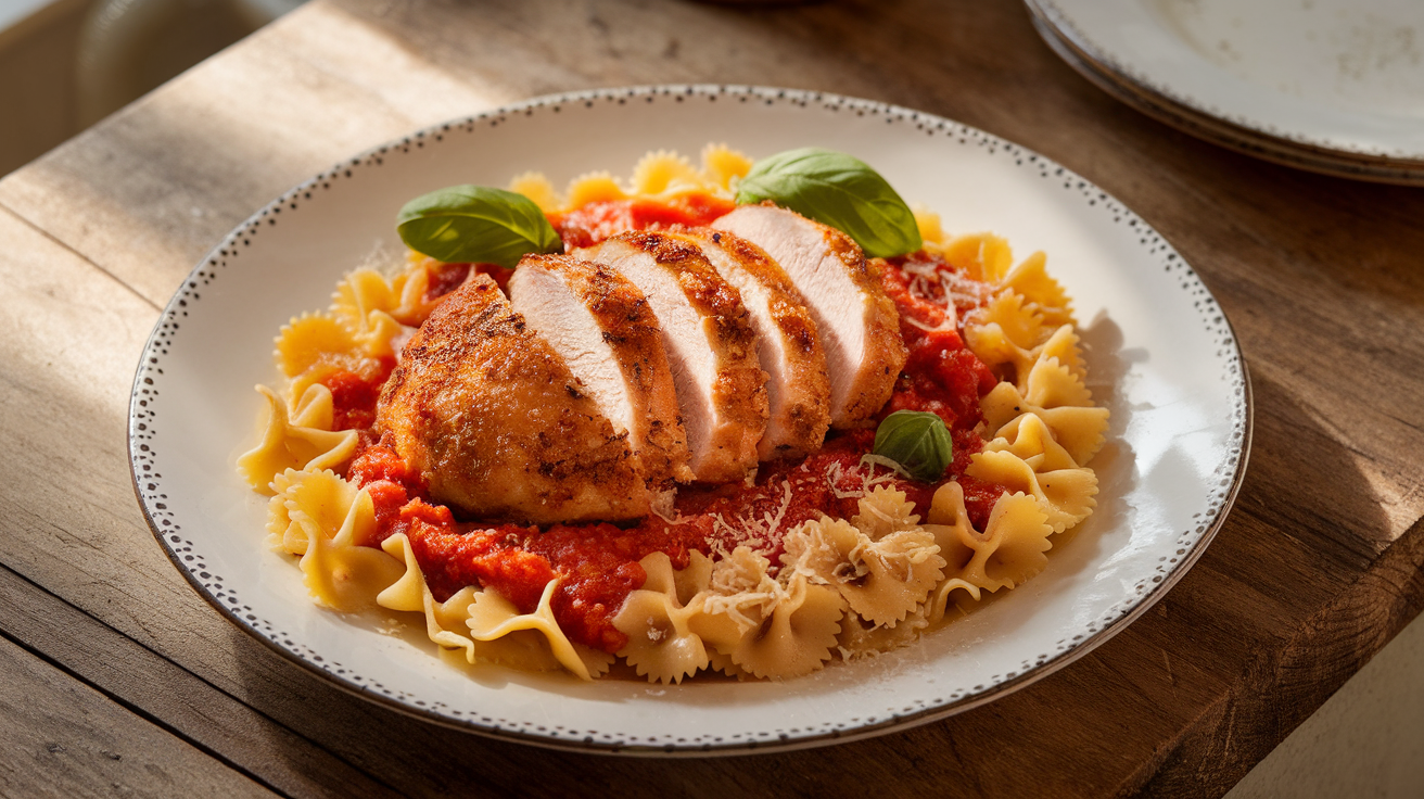 Crispy golden-brown chicken breast served over bowtie noodles, topped with creamy Italian sauce and garnished with fresh herbs.