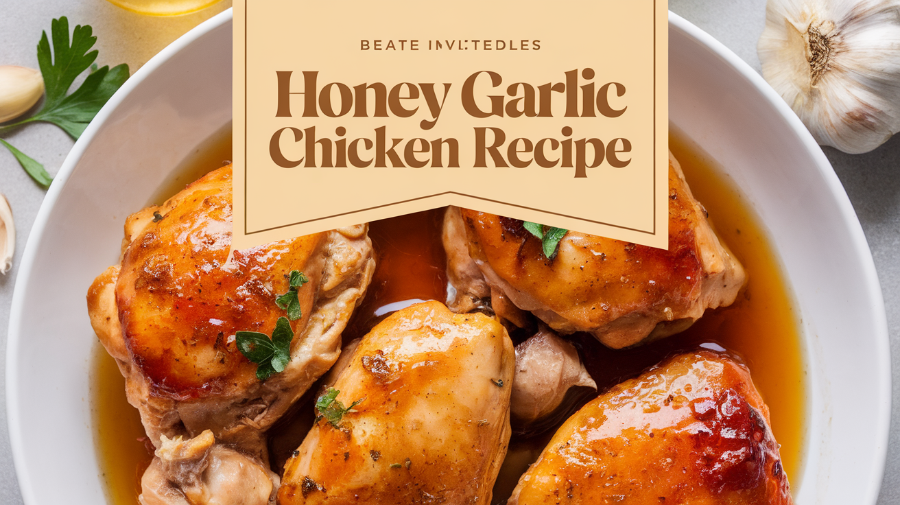 A plate of tender honey garlic chicken breasts drizzled with a savory-sweet glaze, served with steamed vegetables and rice.