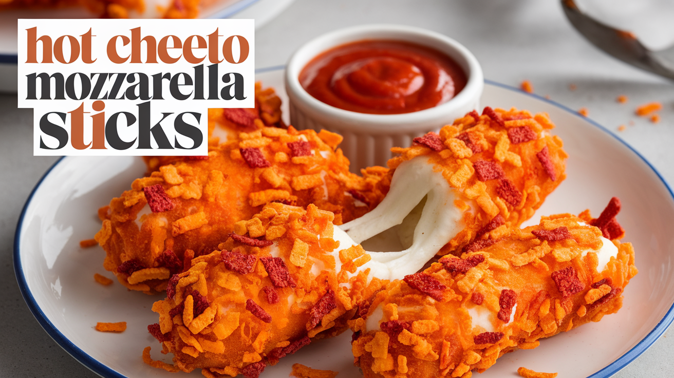 Crispy mozzarella sticks coated in crushed Hot Cheetos, served with marinara dipping sauce on the side.