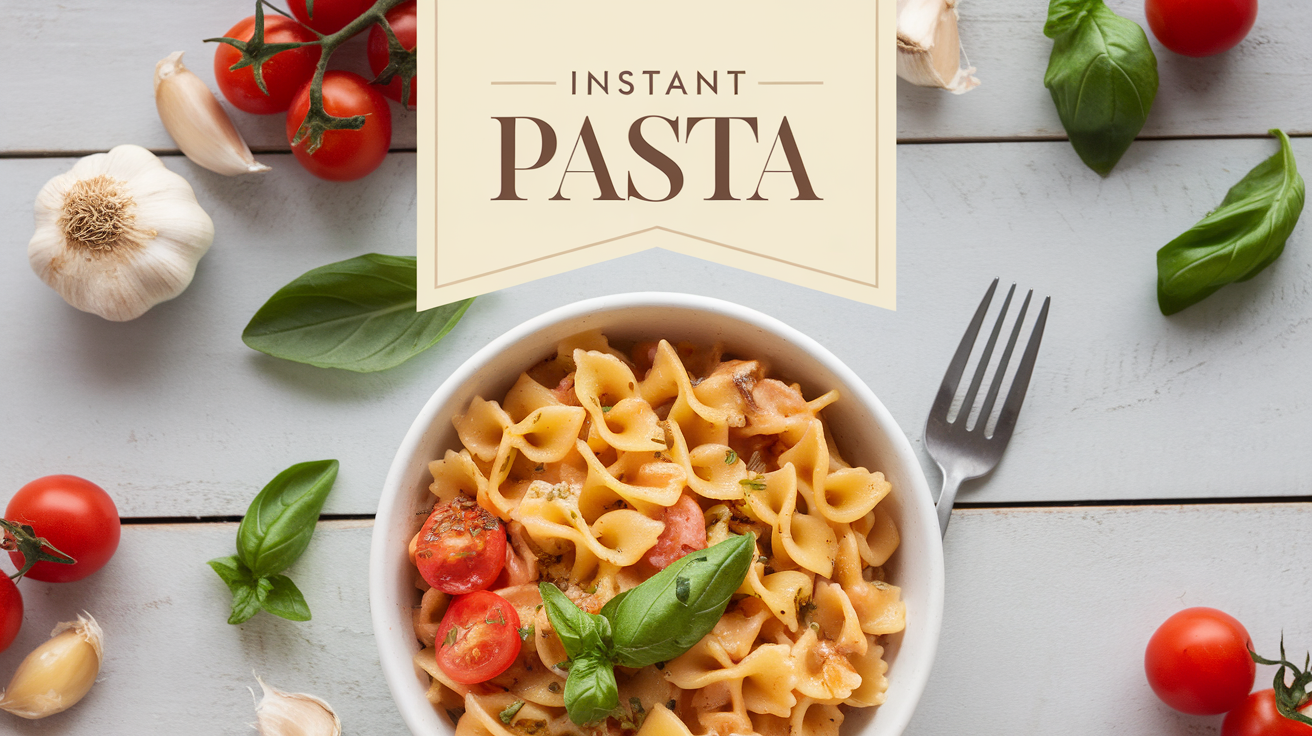 A bowl of steaming instant pasta with tomato sauce and fresh basil, served on a rustic wooden table.