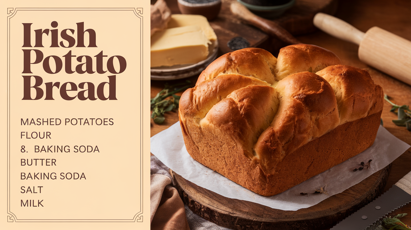 A freshly baked loaf of Irish Potato Bread, golden and soft, with a crisp crust and a slightly rustic appearance.