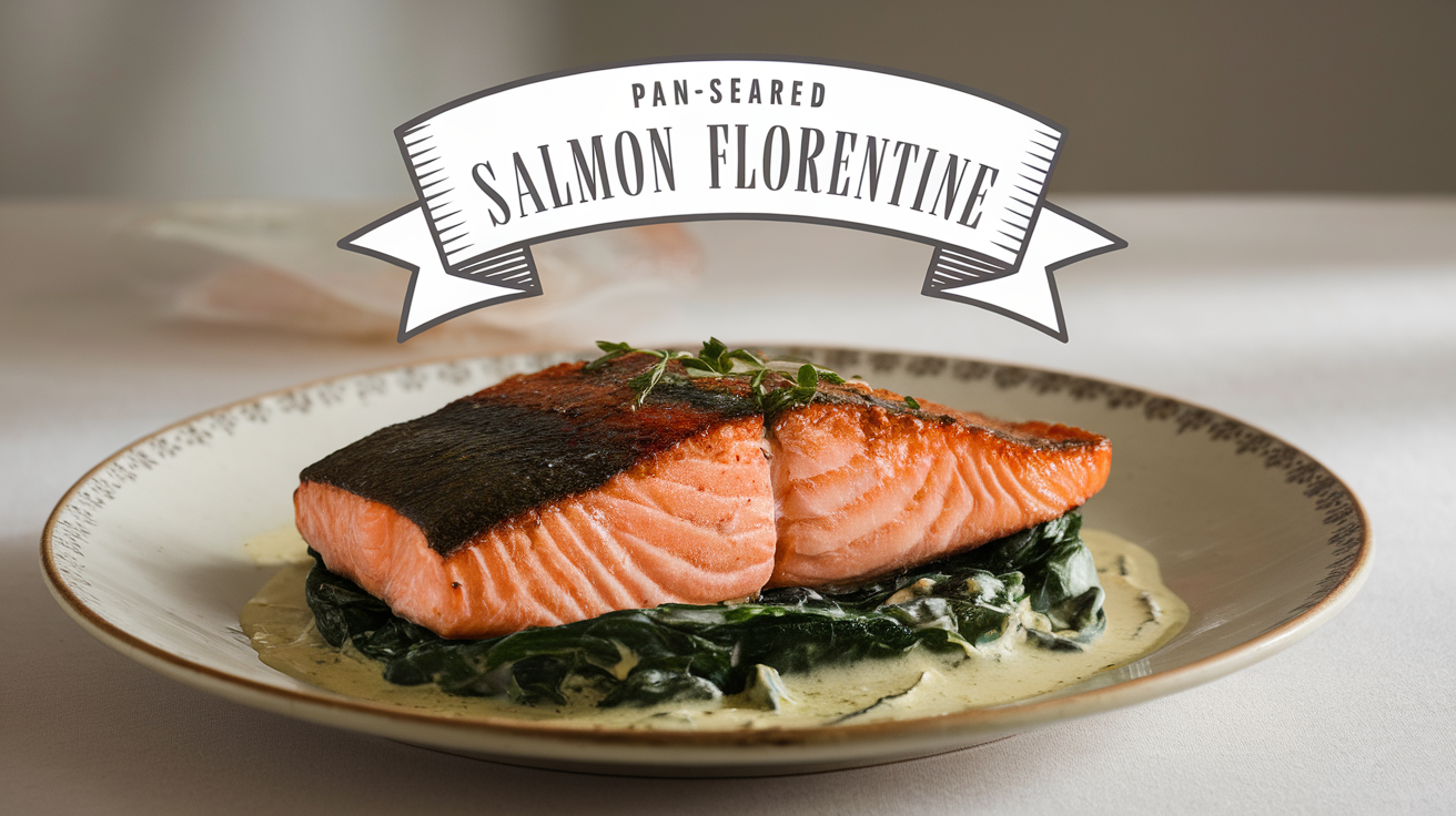 Pan-Seared Salmon Florentine served on a plate, topped with a creamy spinach sauce and garnished with fresh herbs.