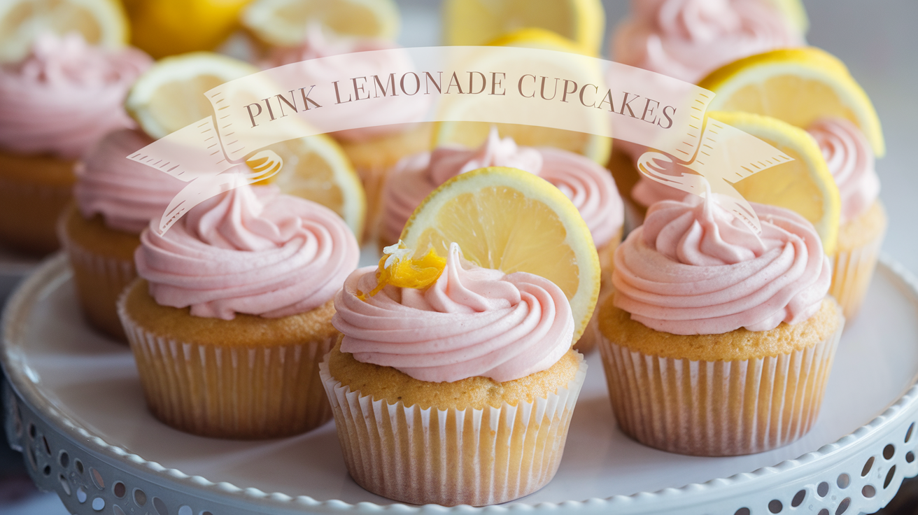 A batch of pink lemonade cupcakes with a swirl of light pink frosting, topped with a slice of lemon and a sprinkle of zest, arranged on a decorative plate.