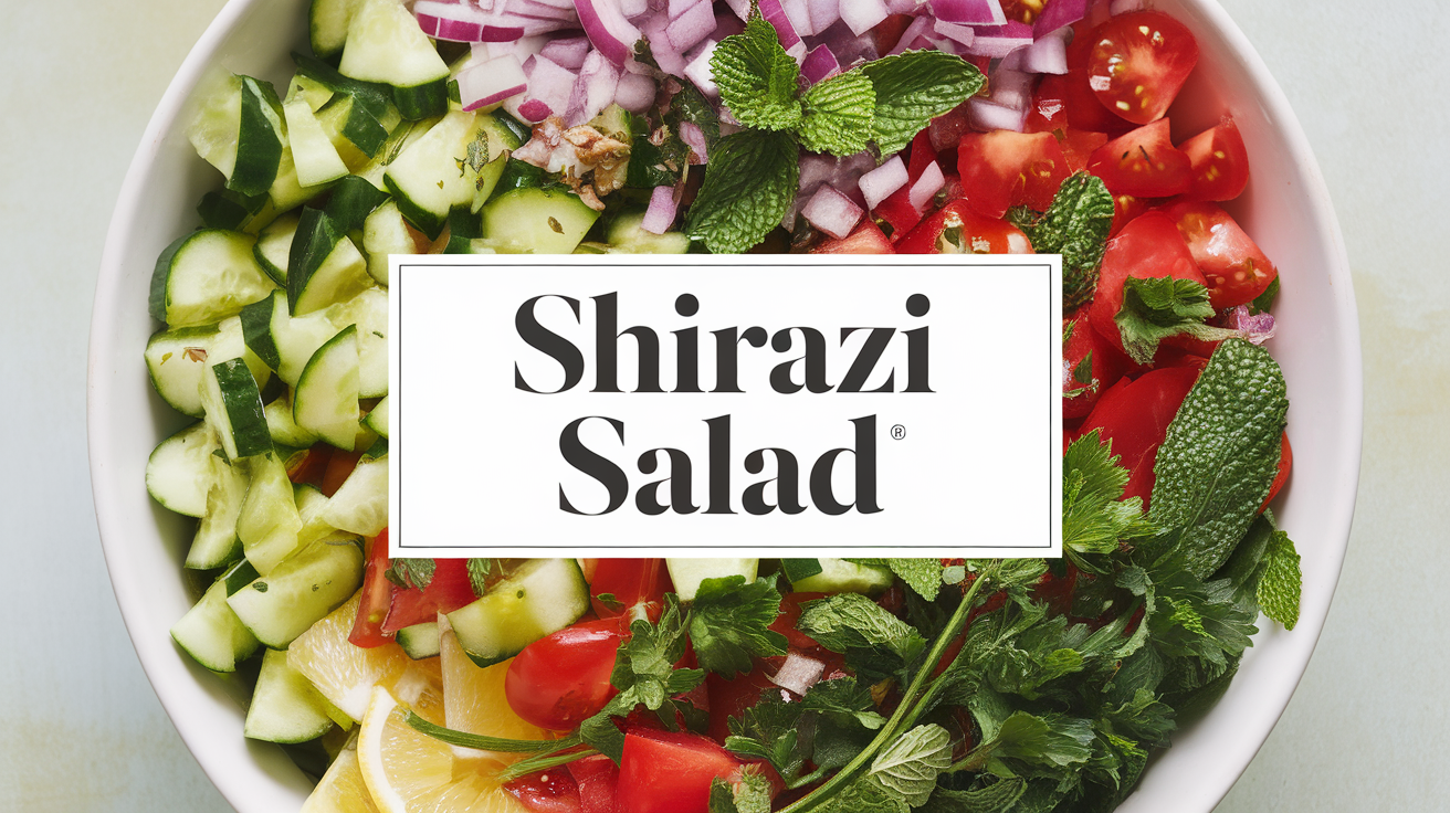 A fresh and vibrant Shirazi salad made with chopped cucumbers, tomatoes, onions, and herbs, drizzled with olive oil and lemon dressing.