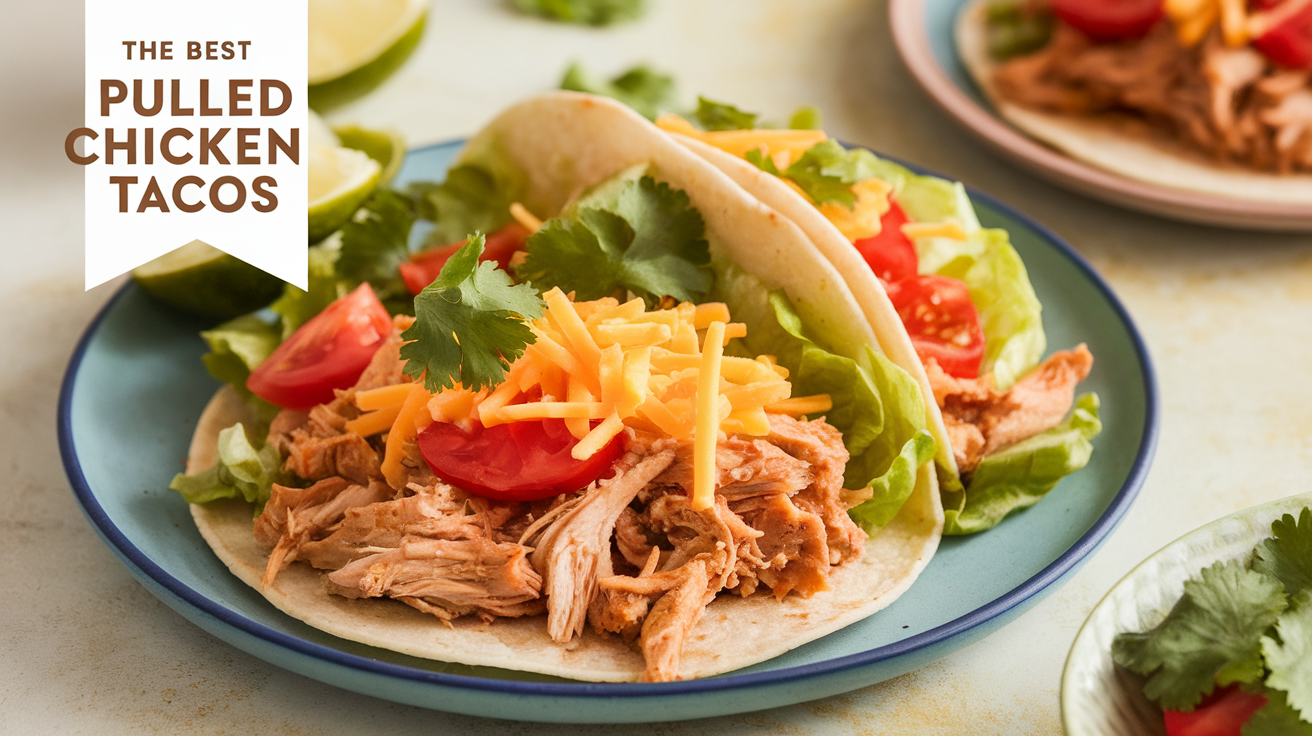A plate of delicious pulled chicken tacos topped with fresh cilantro, onions, and a squeeze of lime.