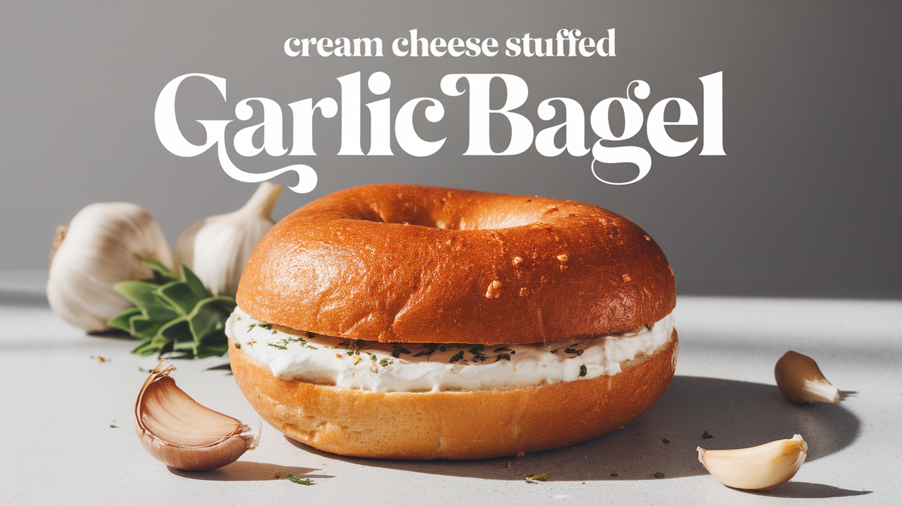 A freshly baked garlic bagel, sliced open and filled with creamy, smooth cream cheese, garnished with fresh herbs.