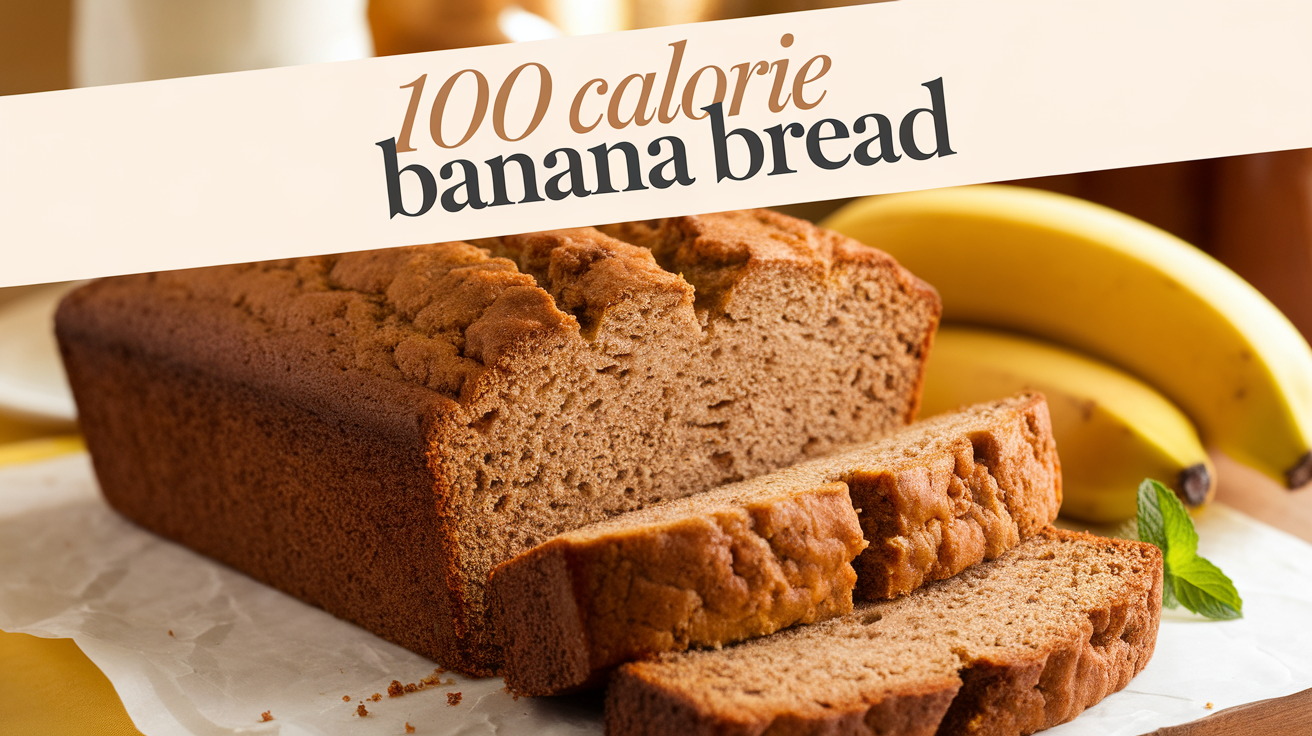 A slice of homemade 100-calorie banana bread with a soft, moist texture, placed on a wooden cutting board next to a ripe banana.