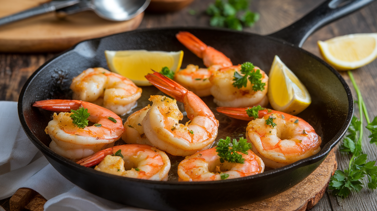 Garlic butter shrimp served in a skillet, garnished with fresh parsley and lemon wedges.