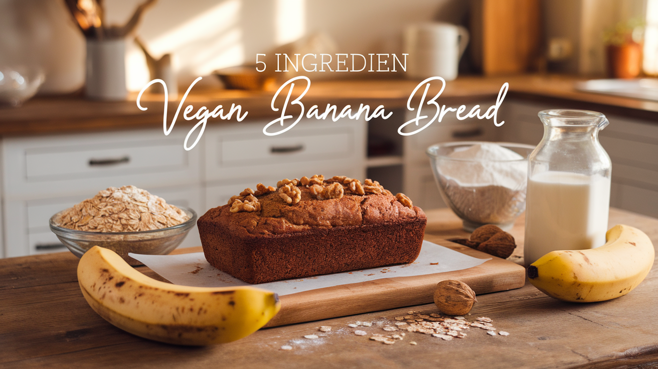 A freshly baked loaf of vegan banana bread on a wooden cutting board, with slices revealing a moist, golden interior.