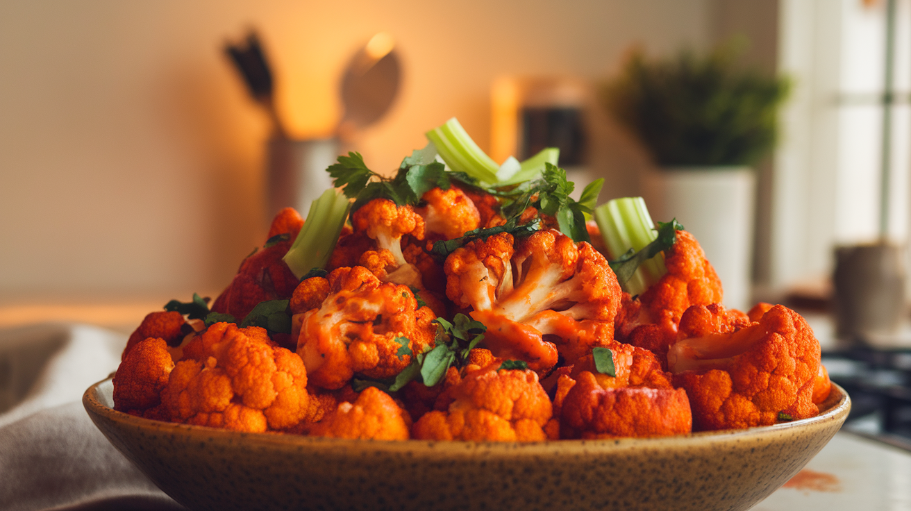 Crispy golden-brown buffalo cauliflower bites served with celery sticks and a side of creamy ranch dip.
