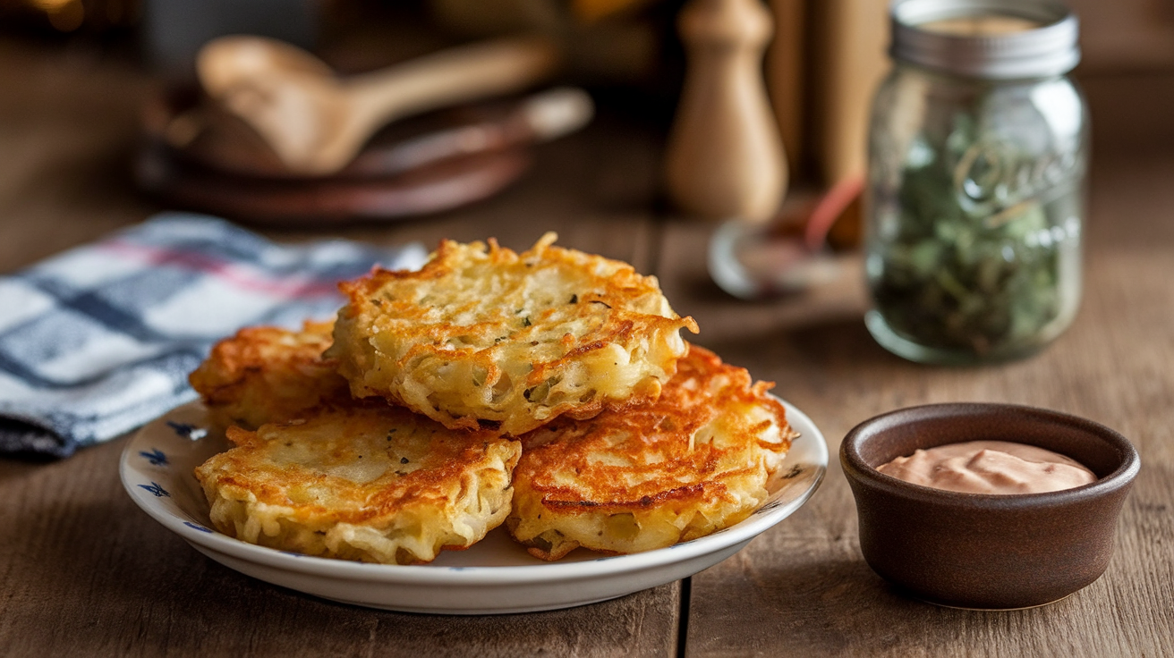 Golden brown Amish onion fritters stacked on a plate, garnished with parsley.