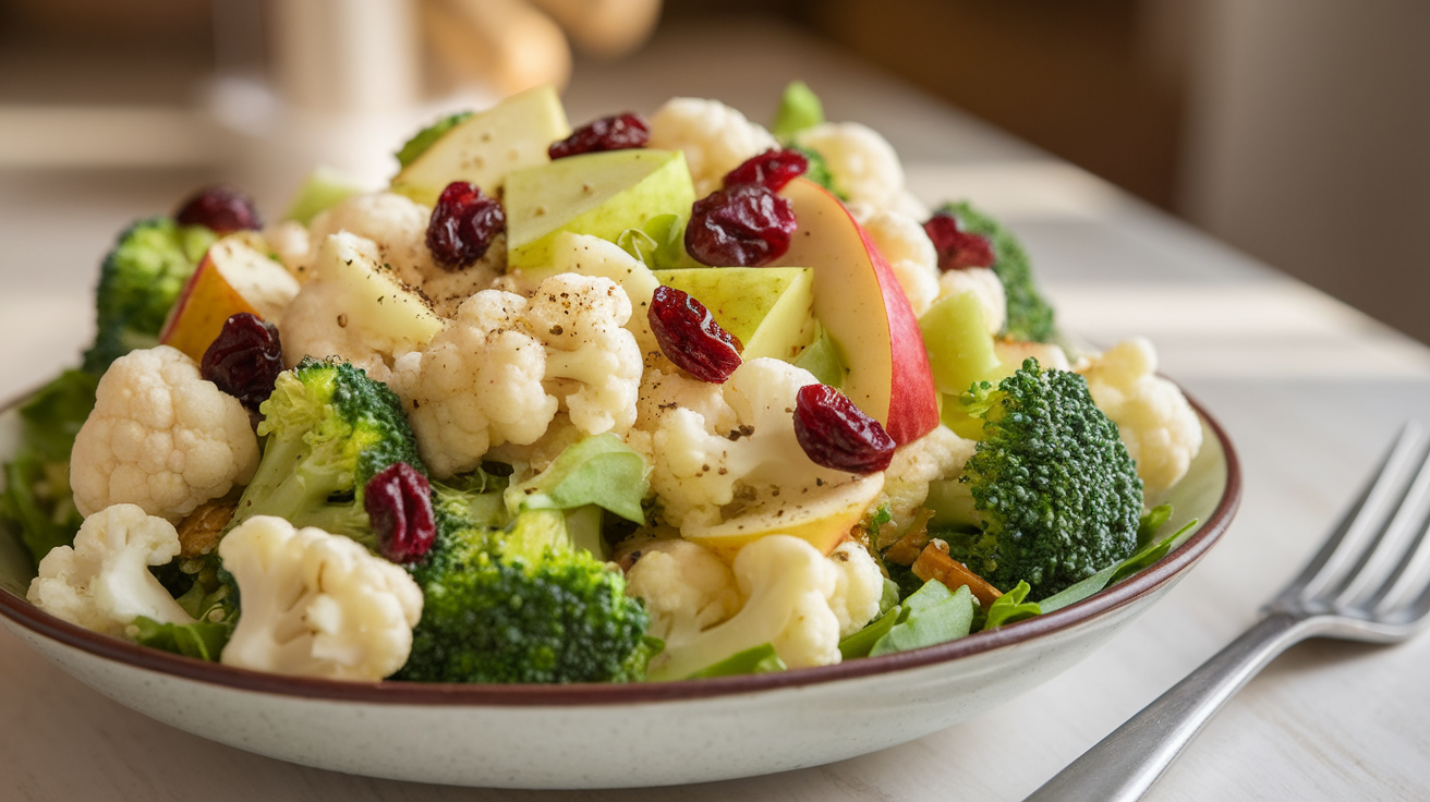 A vibrant and fresh Apple Broccoli Cauliflower Salad with Lemon, showcasing a colorful medley of chopped apples, broccoli florets, and cauliflower, drizzled with a light lemon dressing.