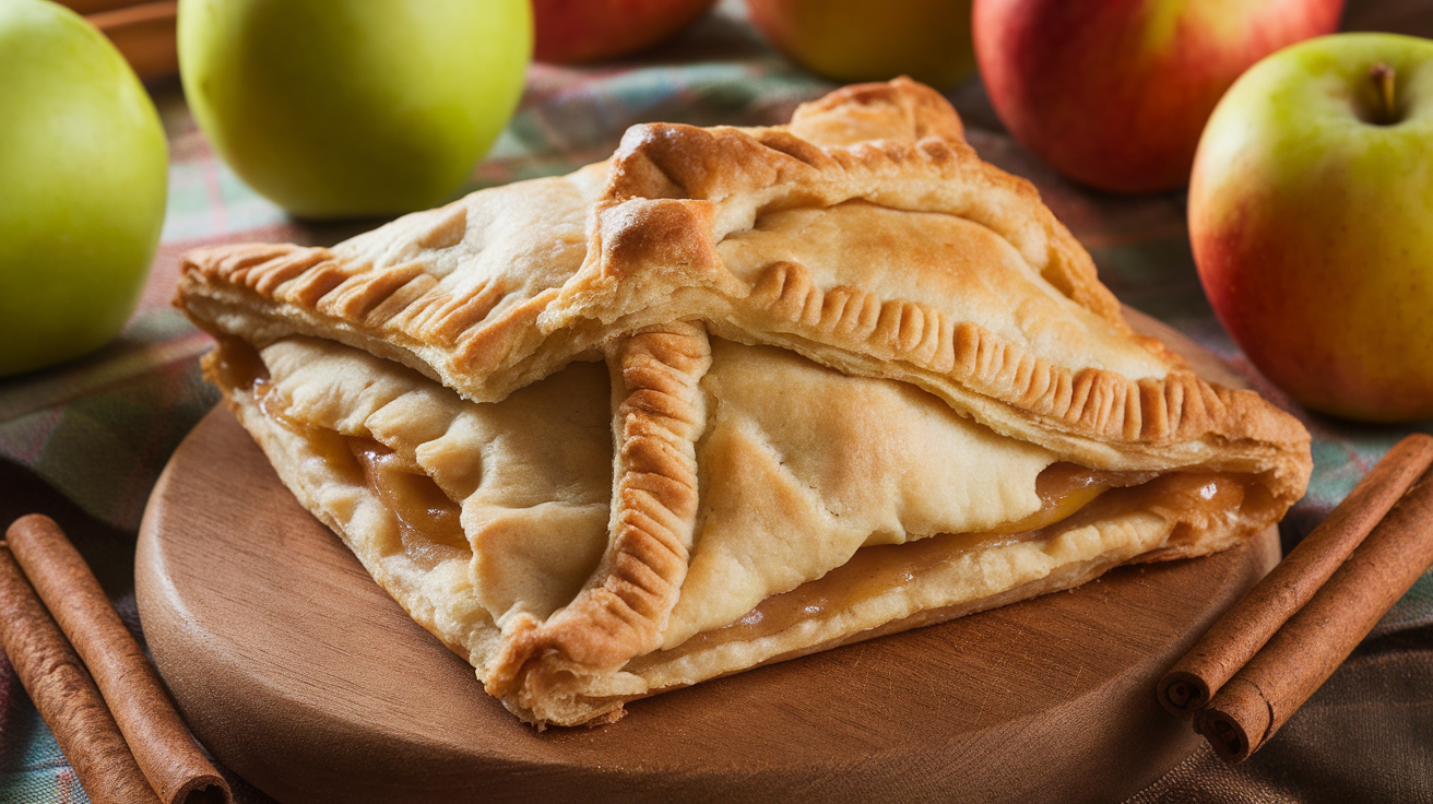 Golden-brown apple turnover with flaky pie crust, dusted with powdered sugar, resting on a white plate.