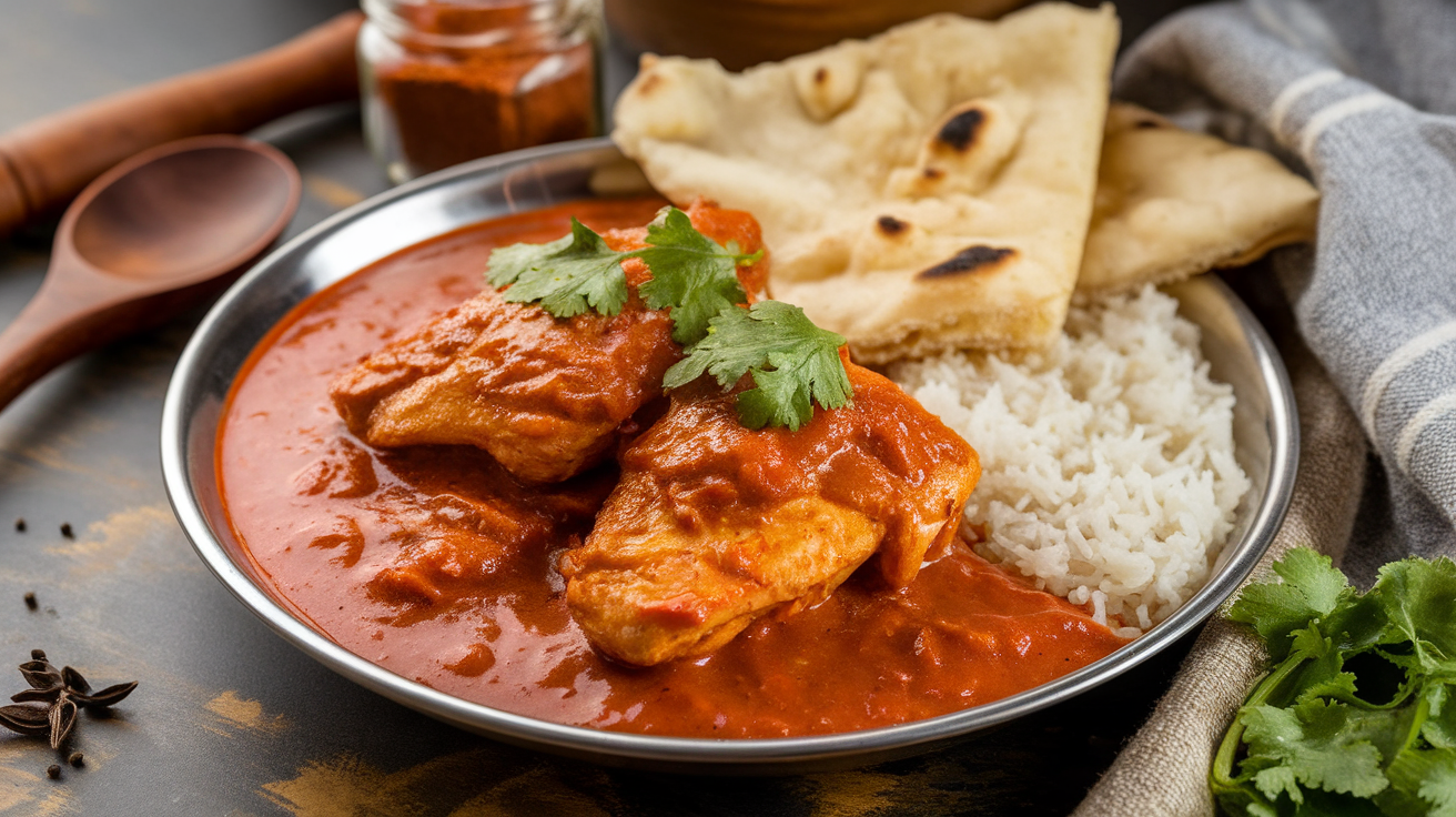 A delicious plate of homemade chicken tikka masala with vibrant orange sauce, served with basmati rice and naan bread.
