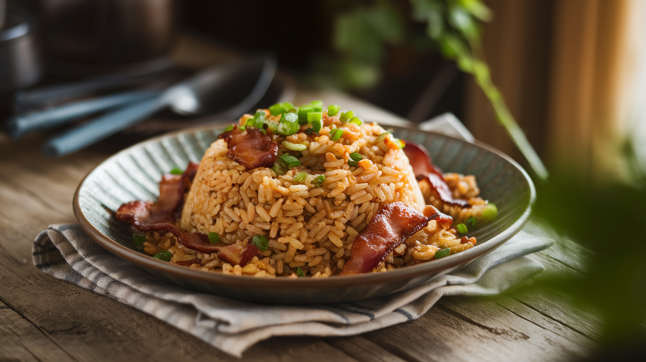 A bowl of bacon and garlic egg fried rice garnished with chopped green onions.