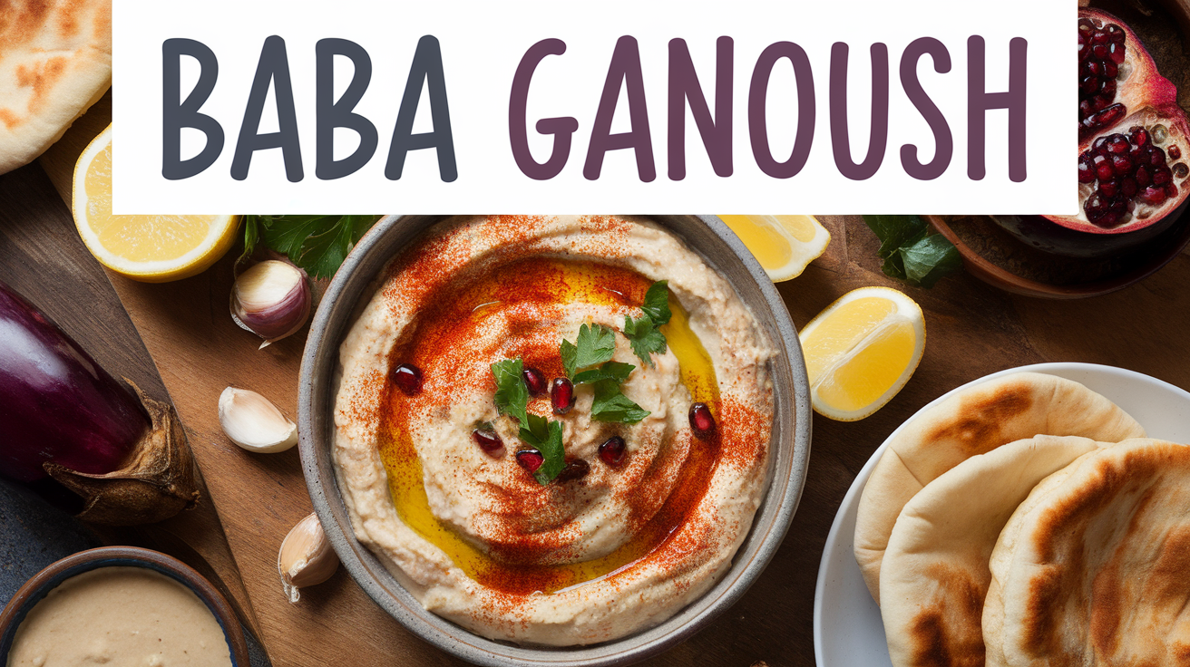 Creamy baba ganoush topped with olive oil, paprika, and chopped parsley, served with pita bread on the side.