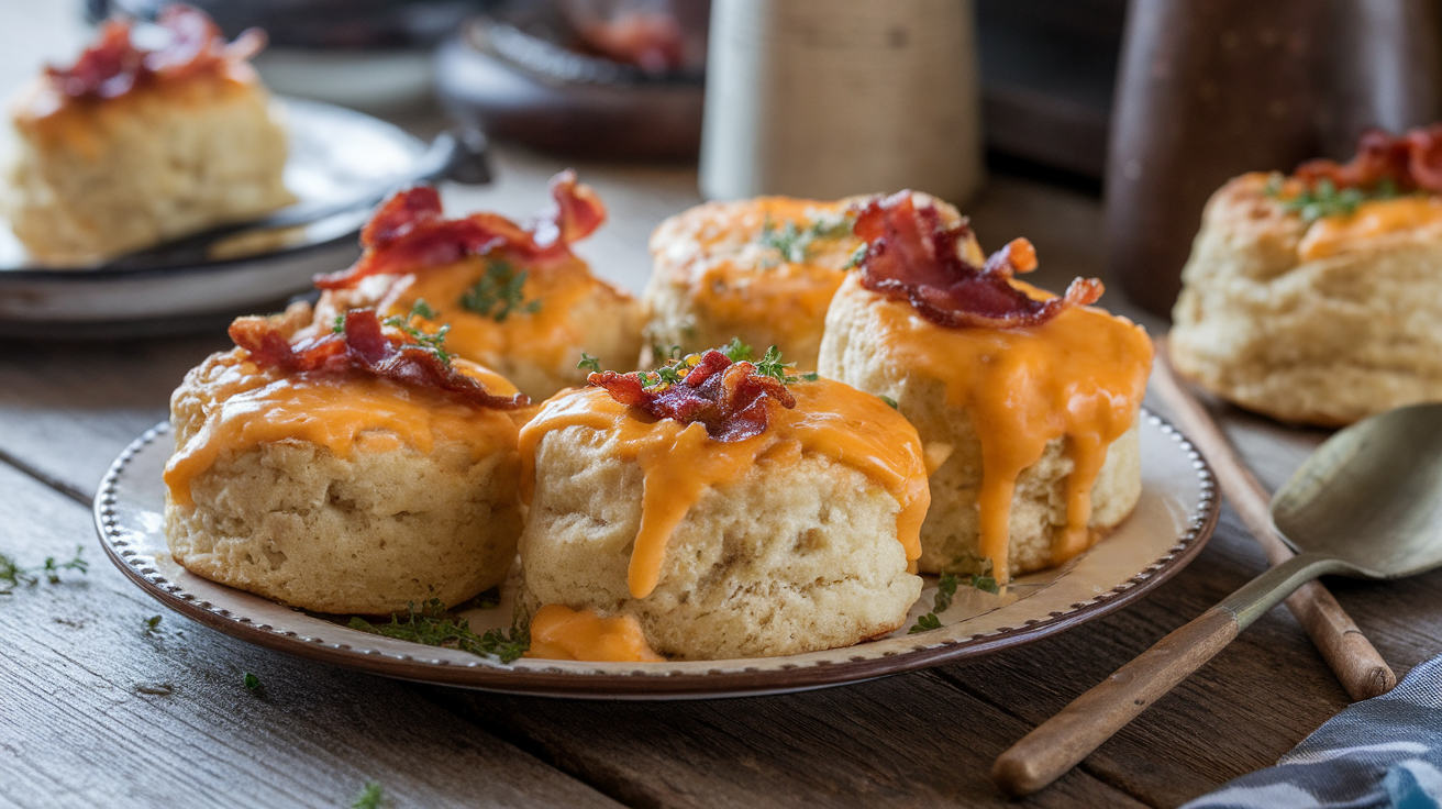 Golden-brown bacon cheddar biscuits stacked on a rustic wooden board.