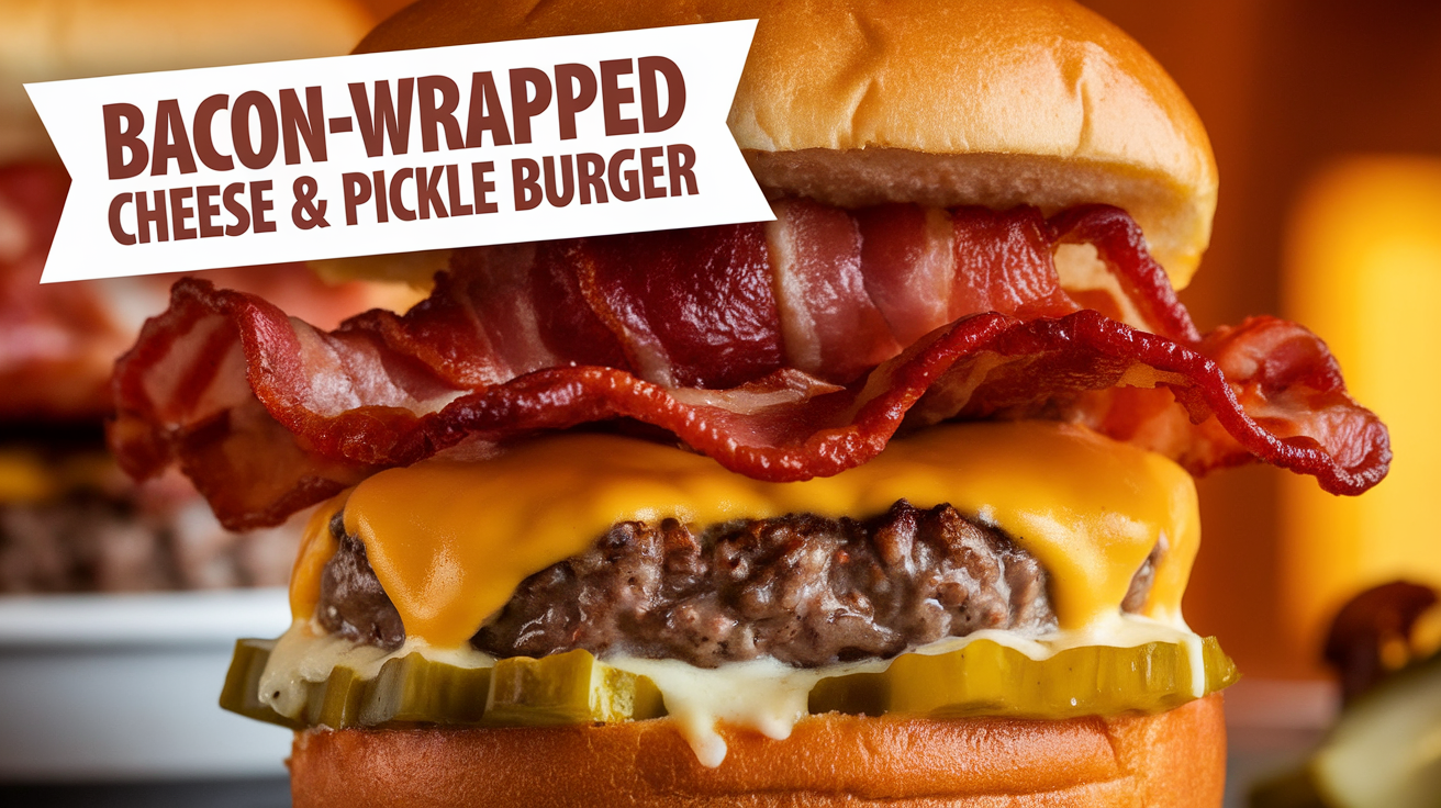 A close-up image of a bacon-wrapped cheese and pickle burger with melted cheese, crispy bacon, and pickles stacked on a juicy patty, served on a toasted bun.