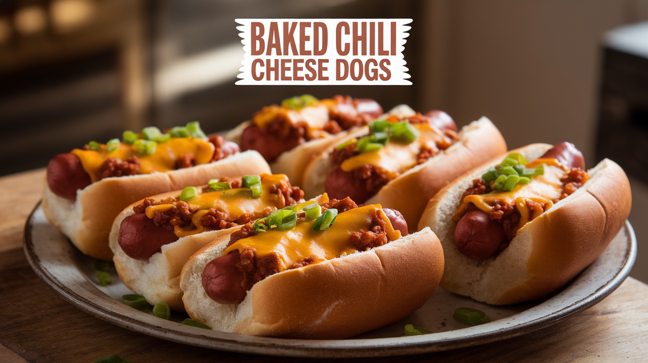 A delicious plate of baked chili cheese dogs topped with melted cheese and chili, served with a side of crispy fries.