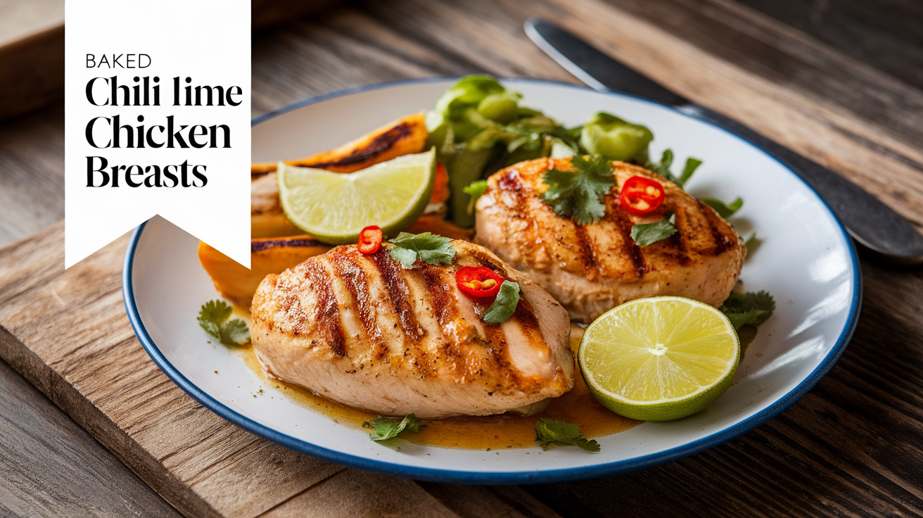 Baked chili lime chicken breasts garnished with fresh cilantro and lime wedges on a white plate.
