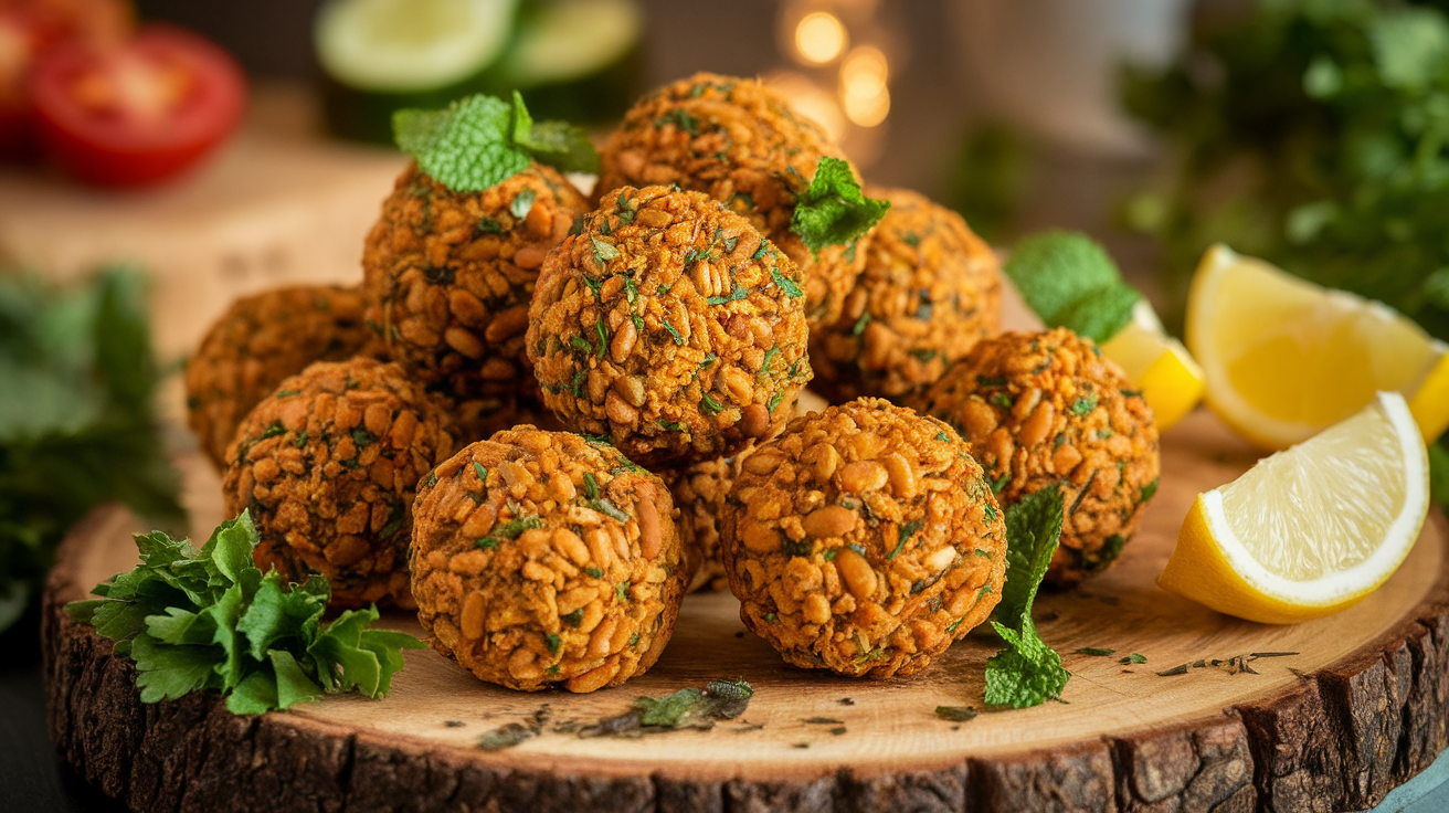 Close-up of golden baked falafel balls made with mung beans, served on a rustic plate with fresh herbs and a side of dipping sauce.