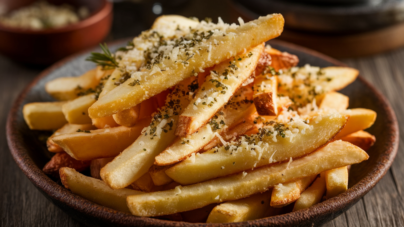 Golden baked fries coated with garlic and sprinkled with grated Parmesan cheese in a white bowl.