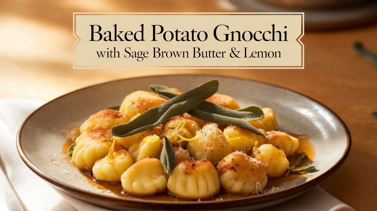 Baked potato gnocchi topped with sage brown butter and a hint of lemon zest.